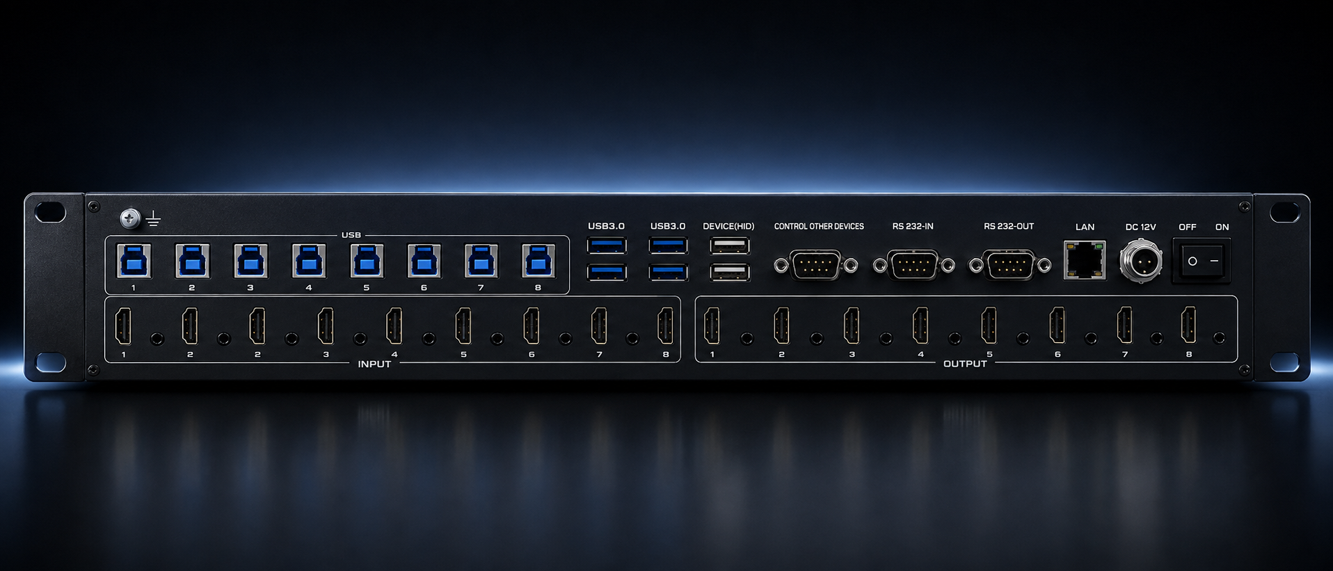 HK8800_B 8×8 4K30 USB 3.0 KVM Seamless Matrix front and rear panel product view